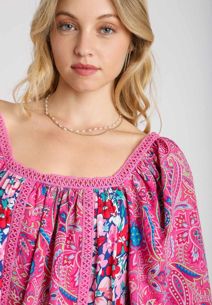 Mixed Print Balloon Sleeve Top