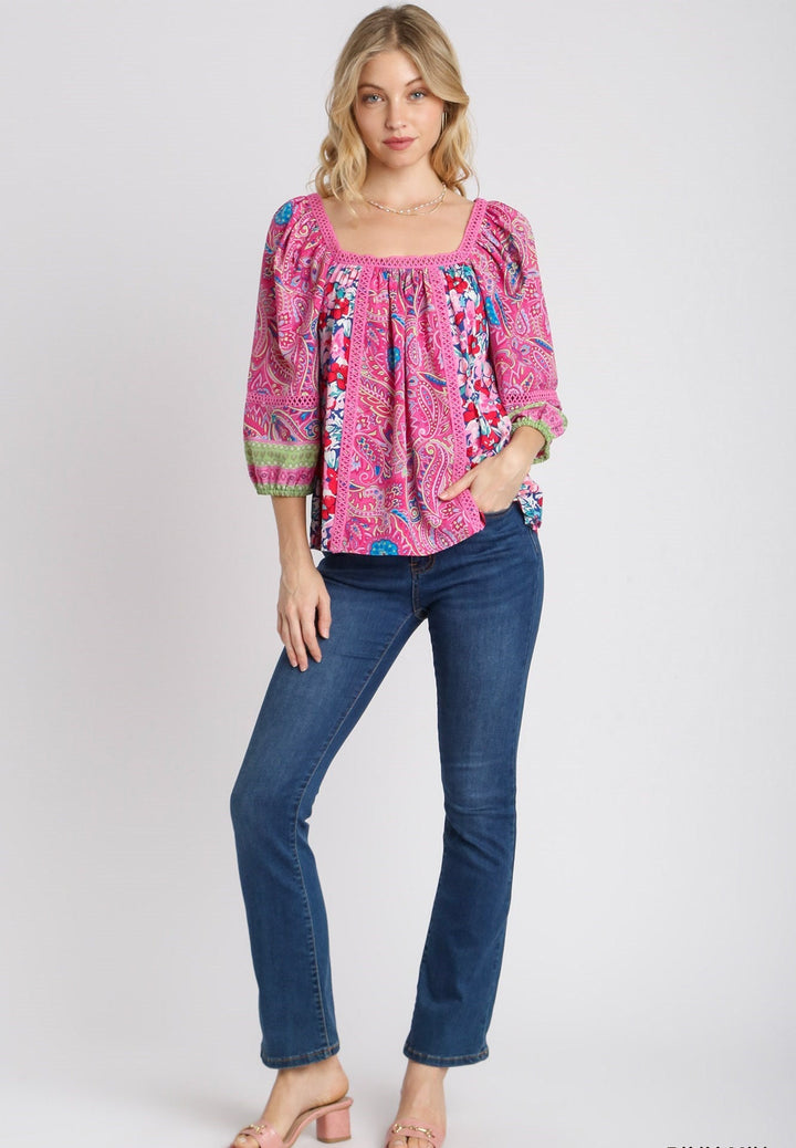 Mixed Print Balloon Sleeve Top