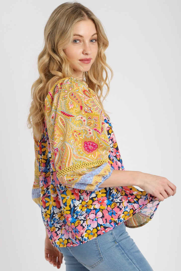 Mixed Print Balloon Sleeve Top