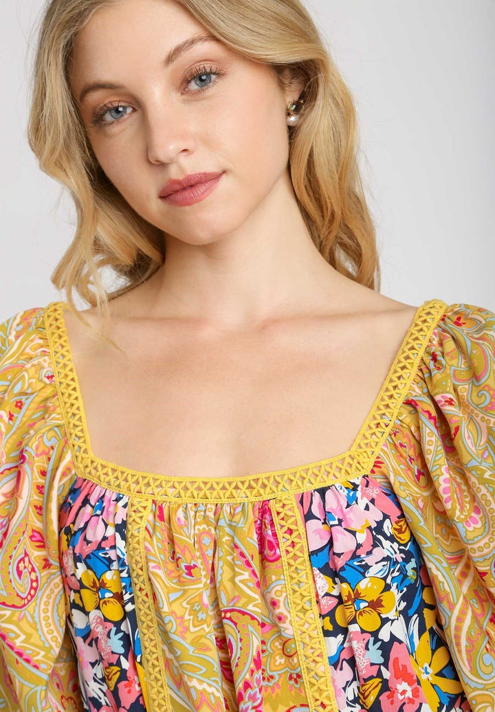 Mixed Print Balloon Sleeve Top
