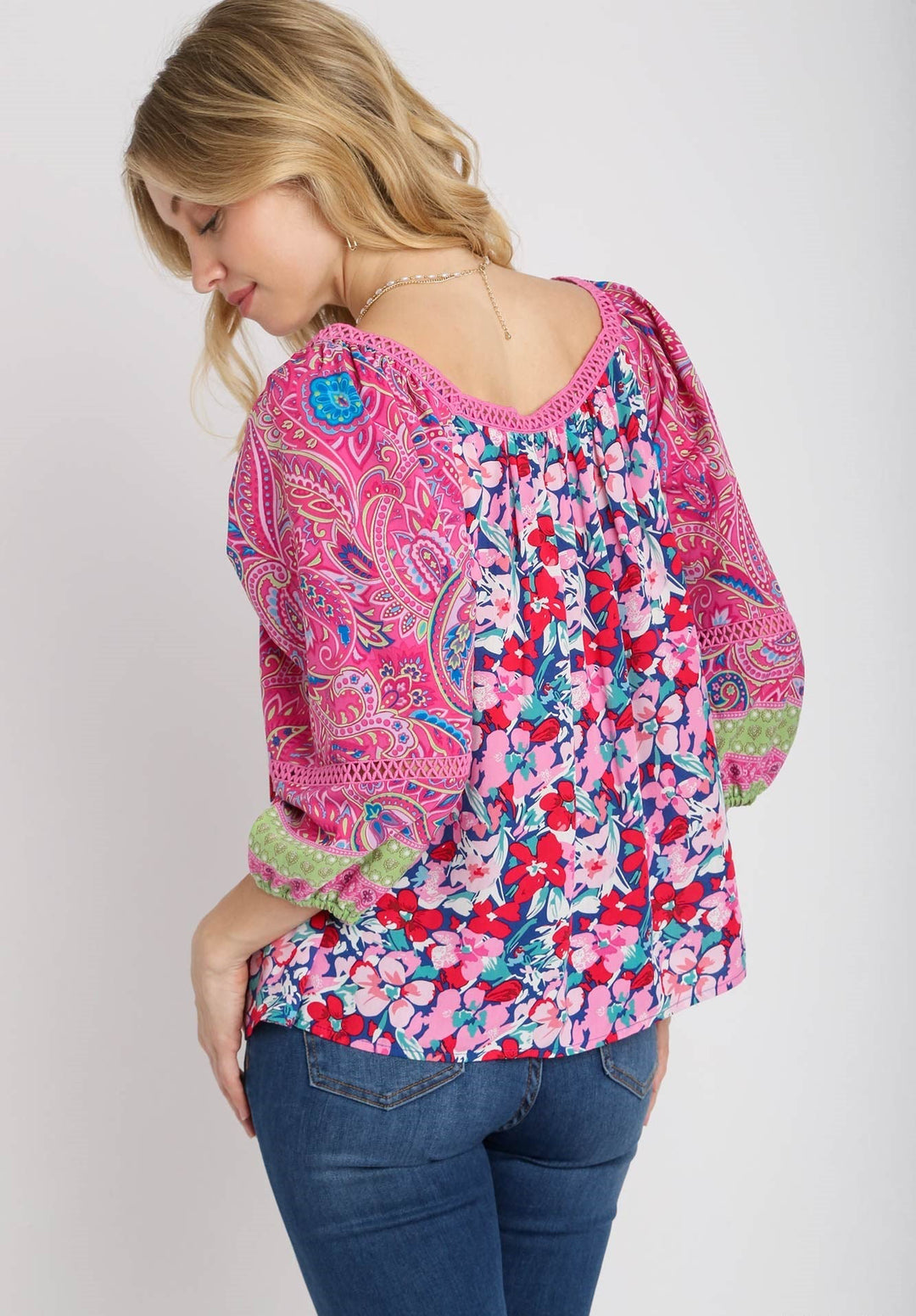 Mixed Print Balloon Sleeve Top