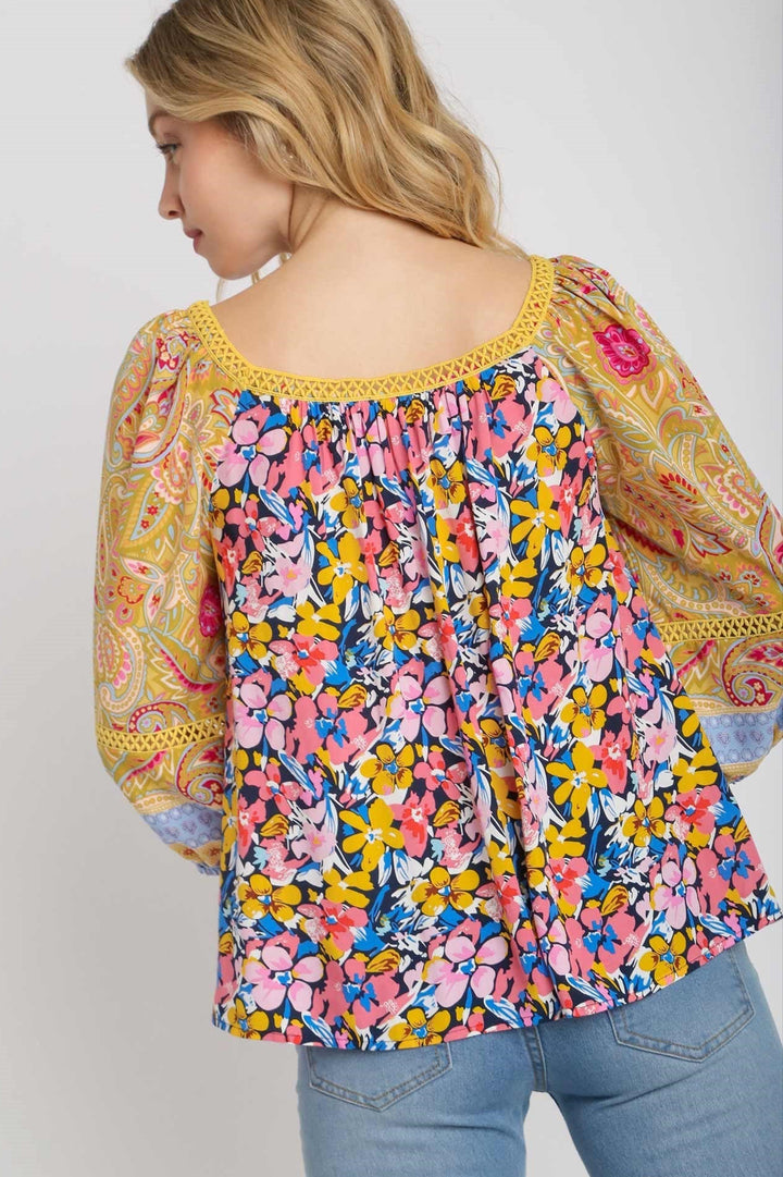 Mixed Print Balloon Sleeve Top