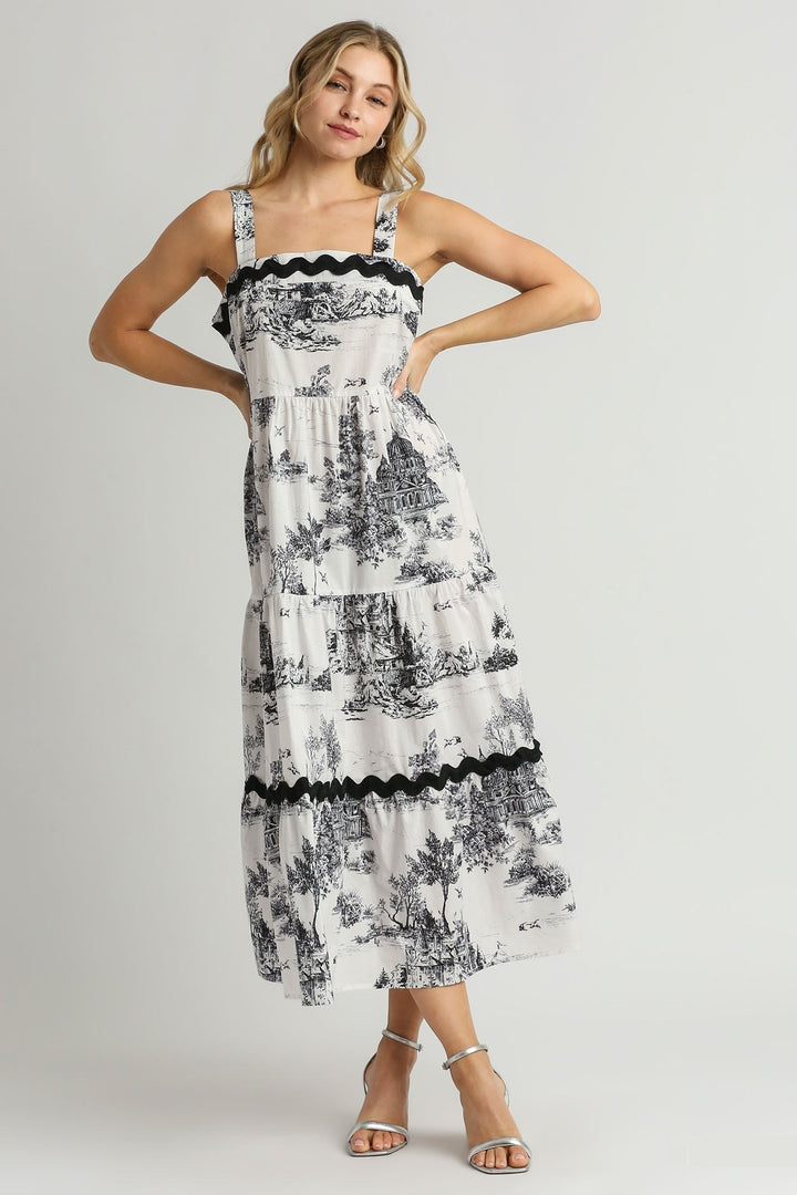 Ric Rac Trim Landscape Print Dress