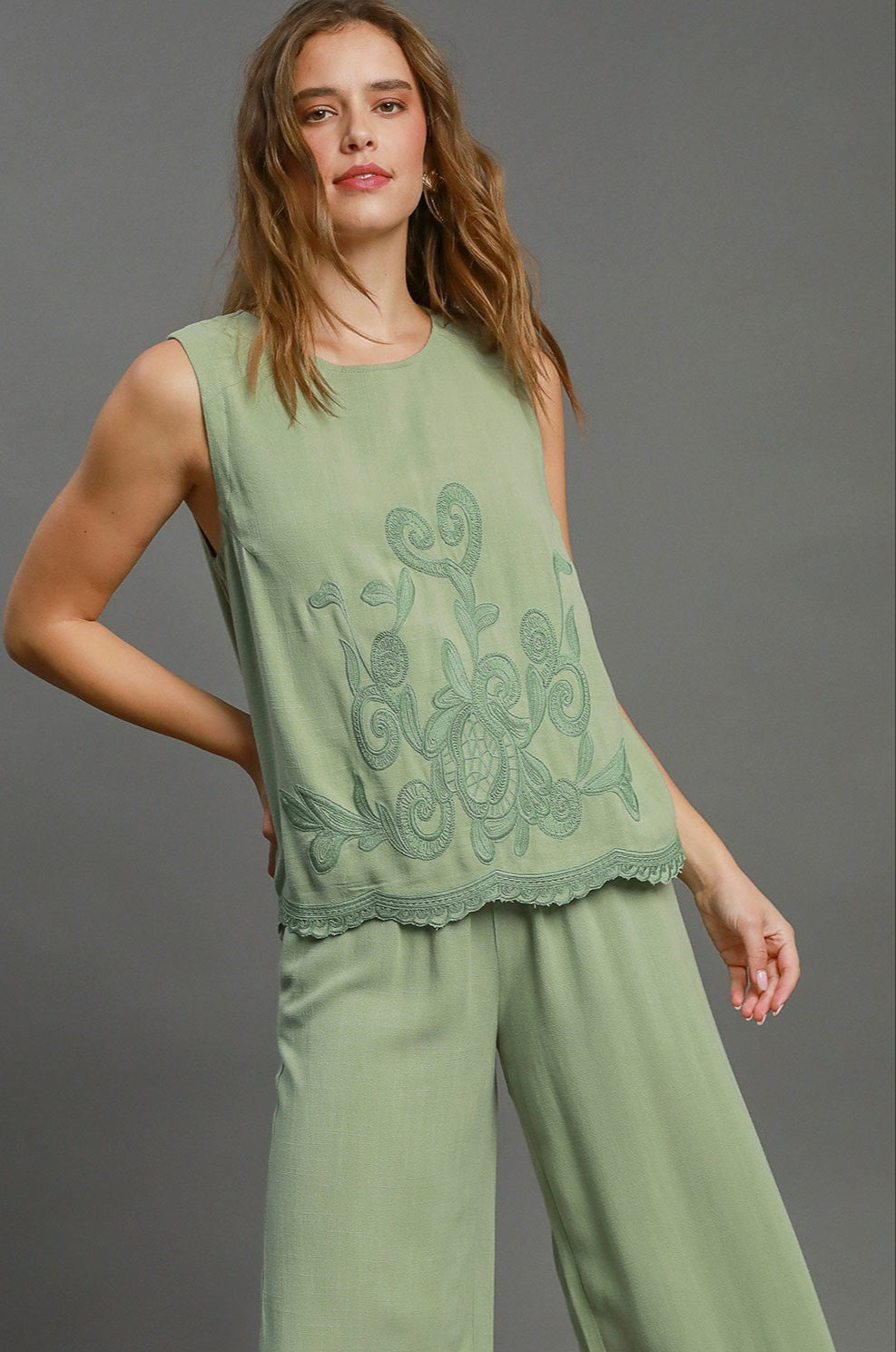 Sage Embroidered Linen Top
