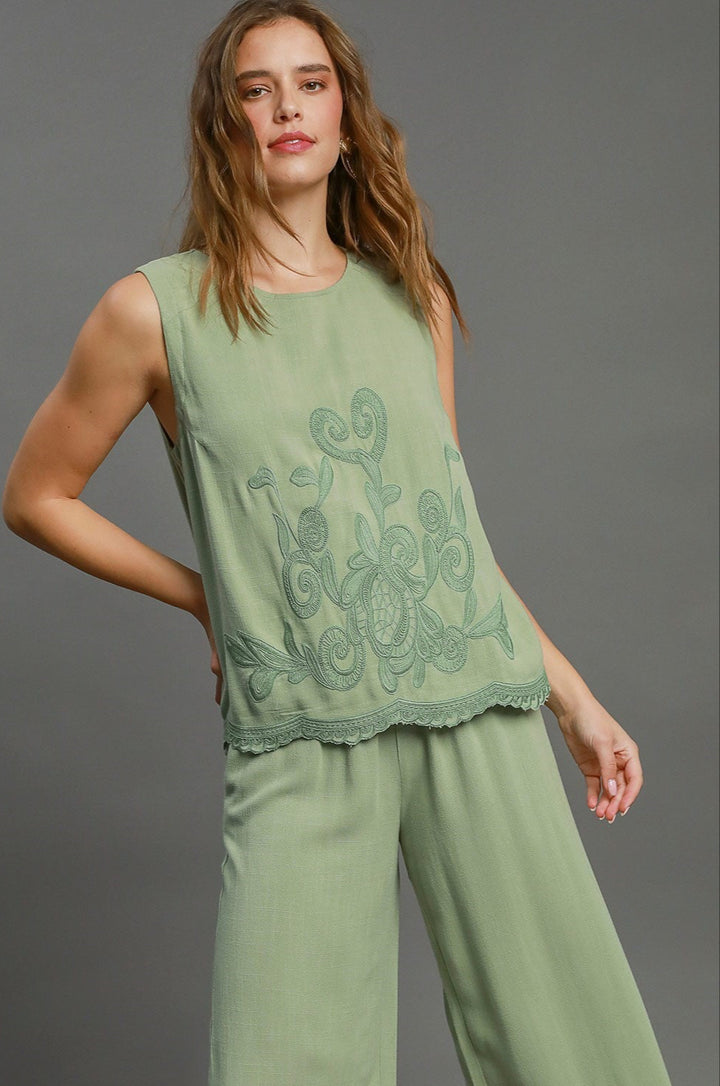 Sage Embroidered Linen Top