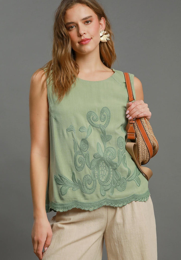 Sage Embroidered Linen Top