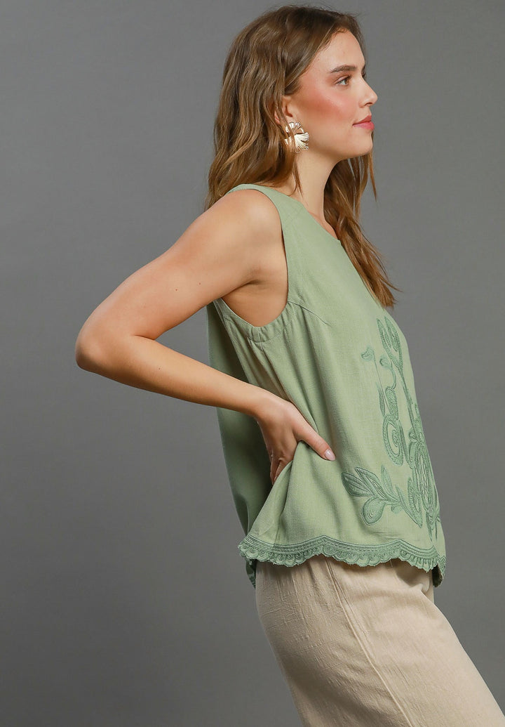 Sage Embroidered Linen Top