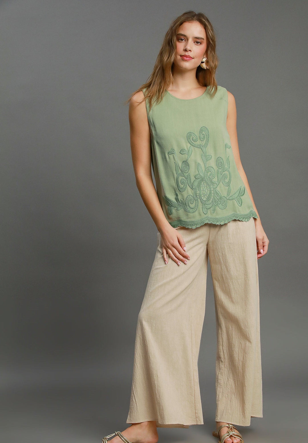 Sage Embroidered Linen Top