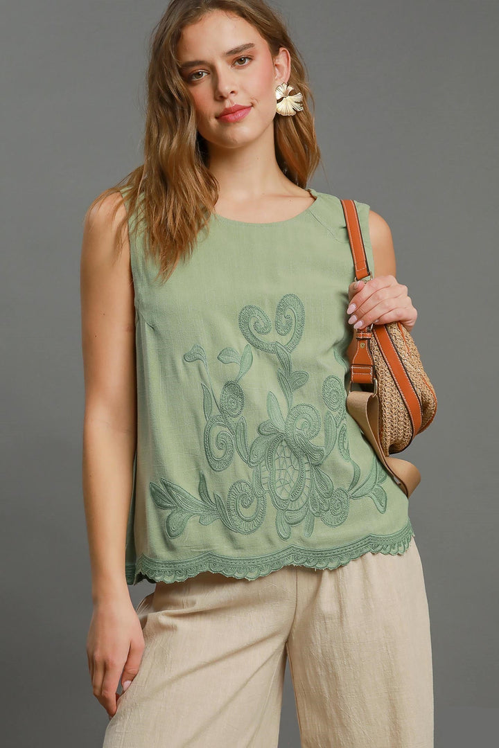 Sage Embroidered Linen Top