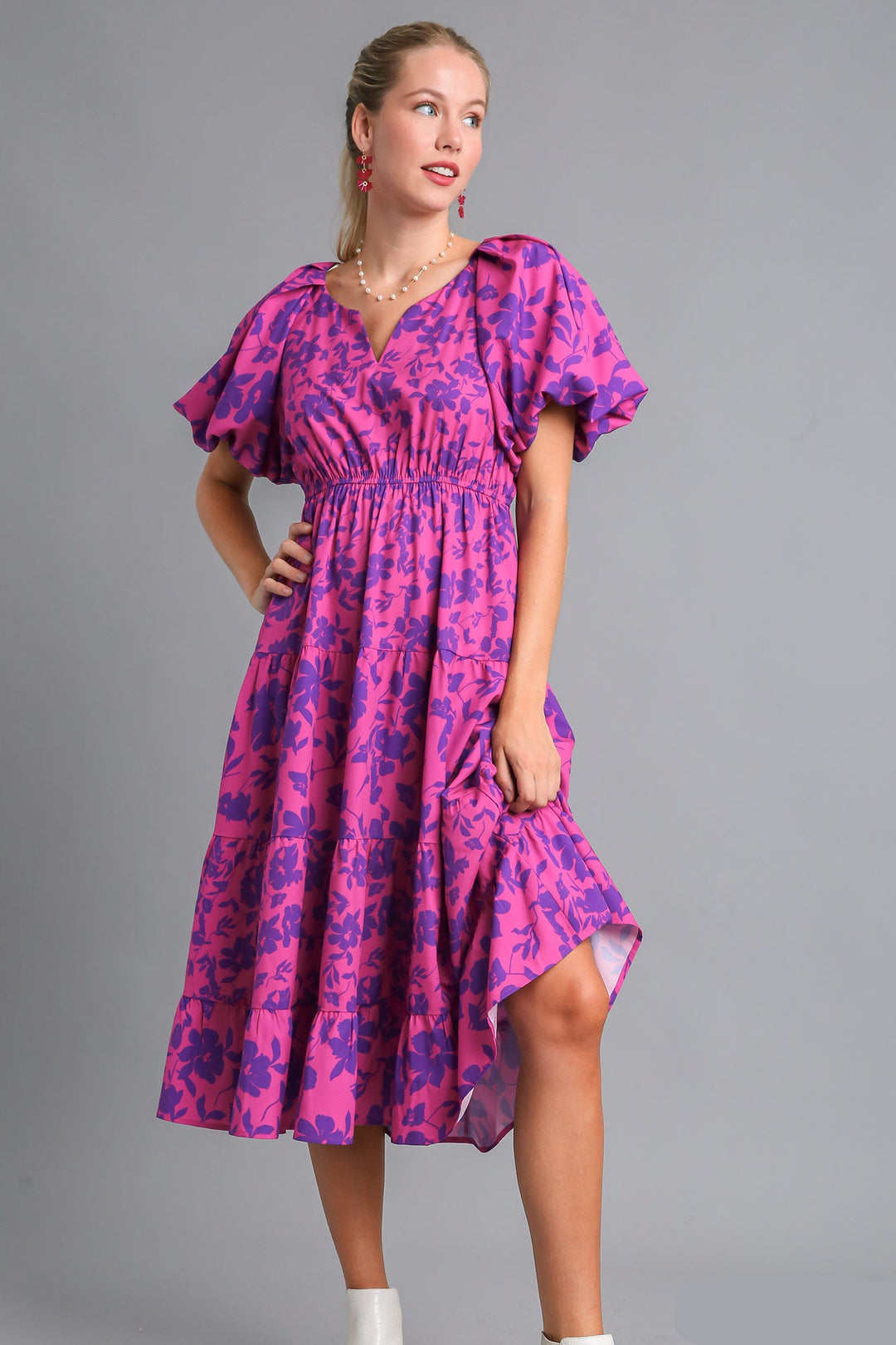 Split Neck A-Line Midi Dress