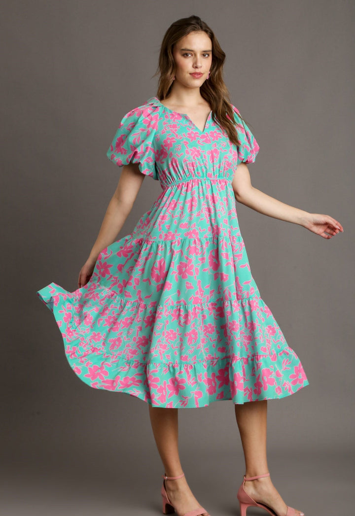 Split Neck A-Line Midi Dress