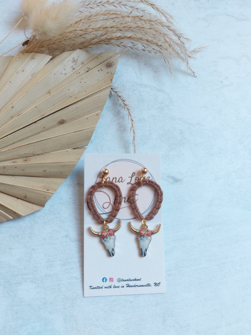 Macramé Teardrop + Bull Head Earrings