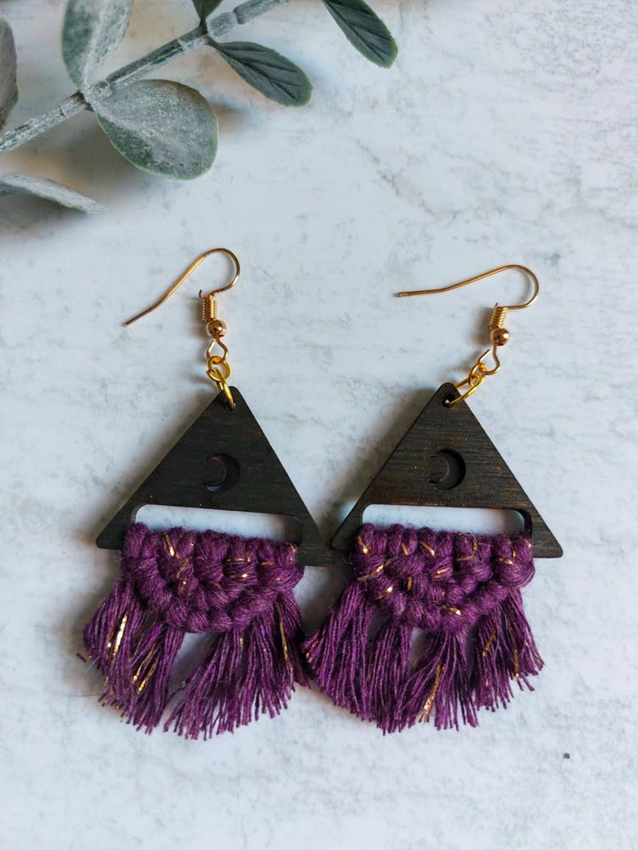 Walnut Moon and Purple Macramé Earrings