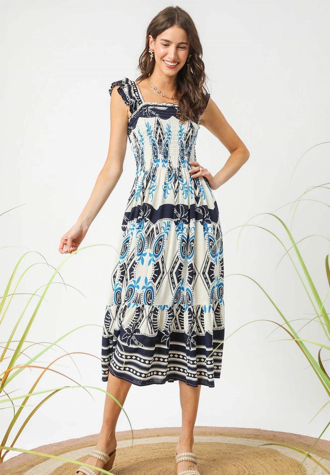 Ruffle Strap Boho Midi Dress - Navy