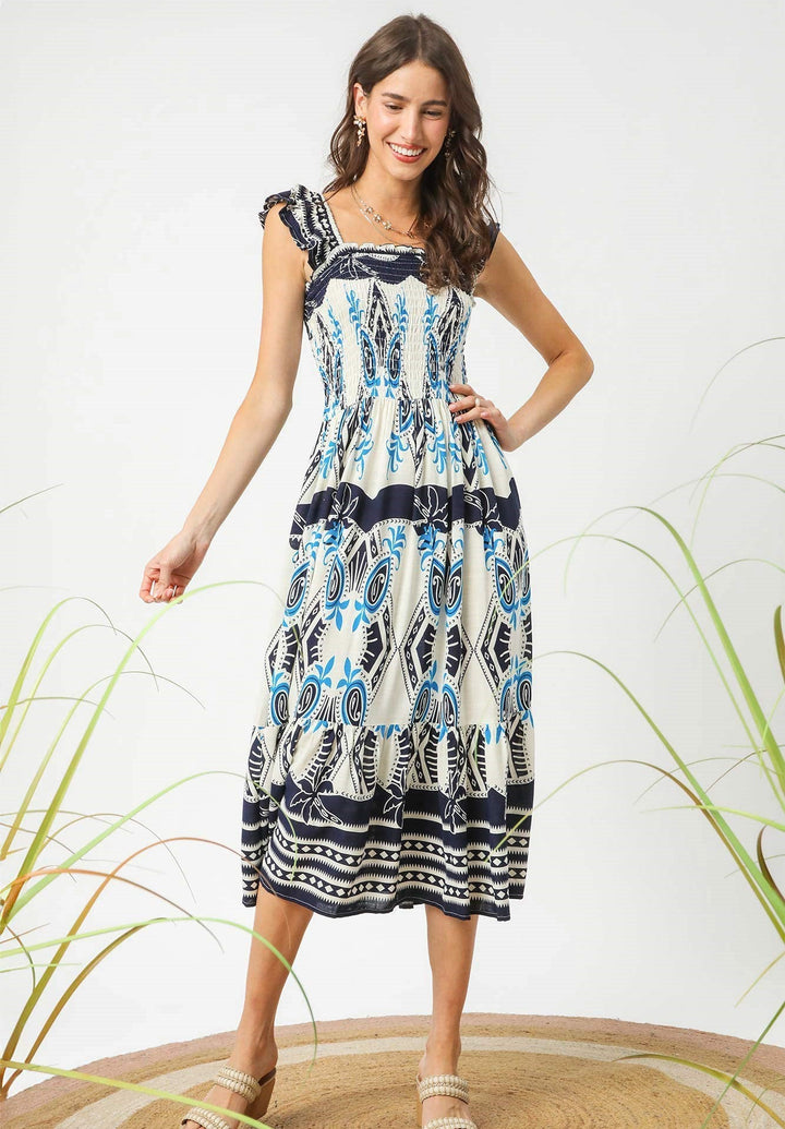 Ruffle Strap Boho Midi Dress - Navy