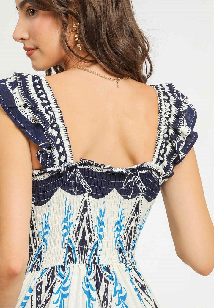 Ruffle Strap Boho Midi Dress - Navy