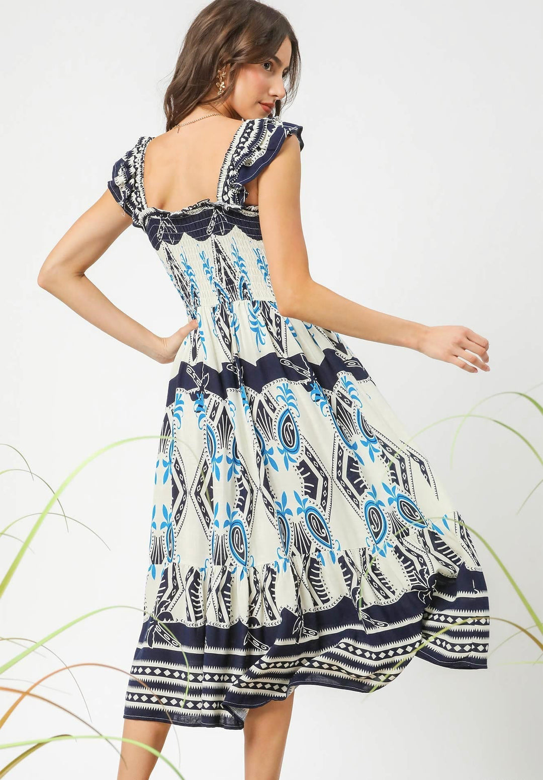 Ruffle Strap Boho Midi Dress - Navy
