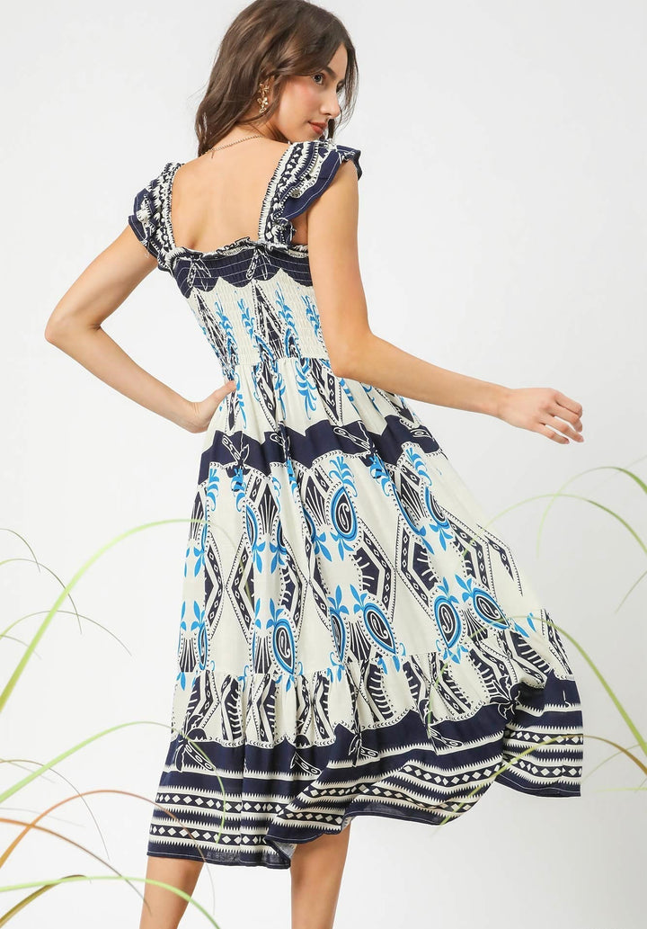 Ruffle Strap Boho Midi Dress - Navy