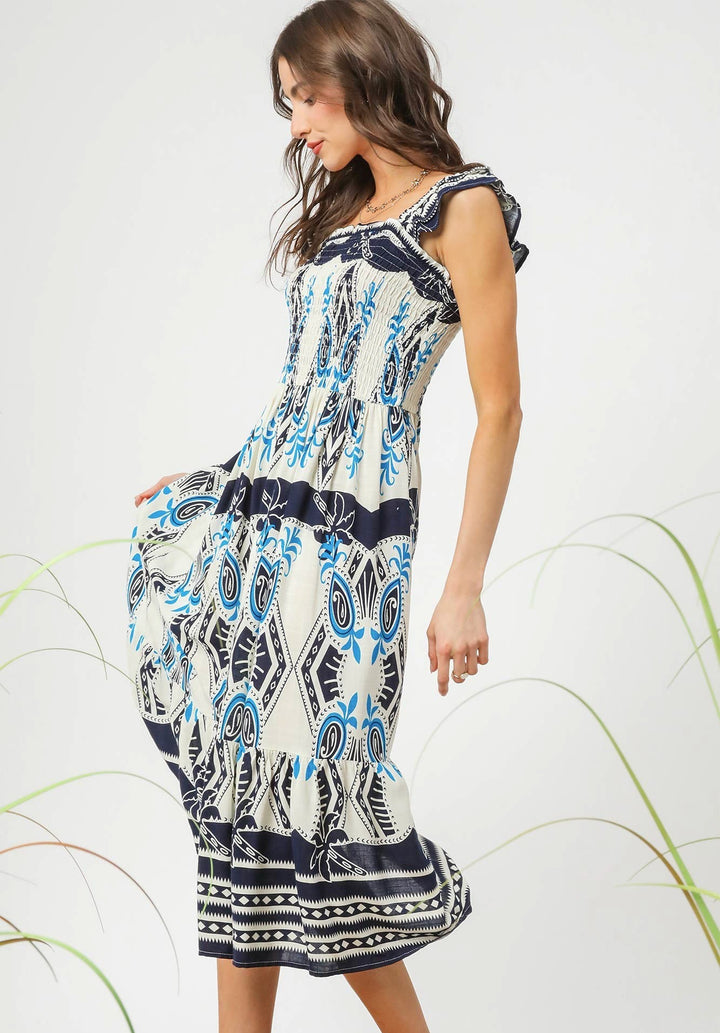 Ruffle Strap Boho Midi Dress - Navy