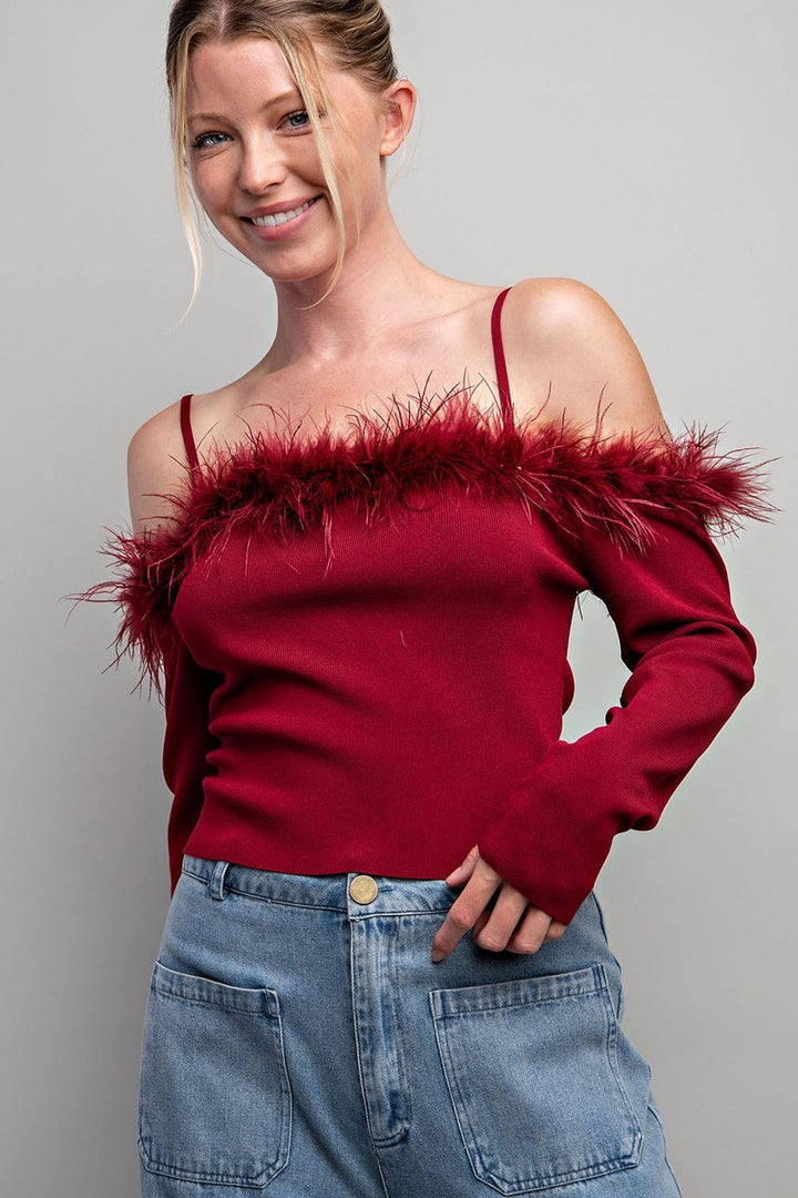 Off Shoulder Feather Long Sleeve Top