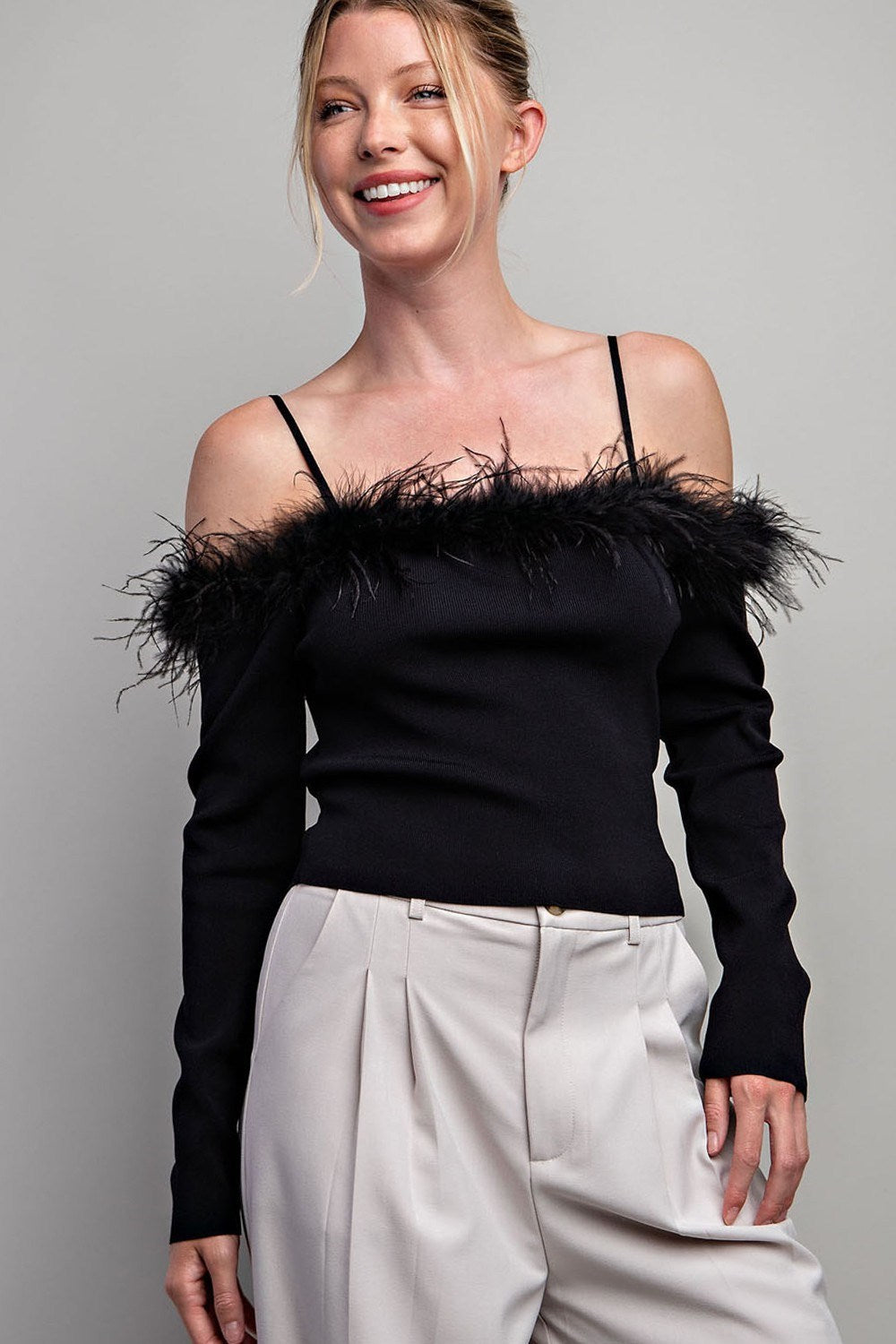 Off Shoulder Feather Long Sleeve Top