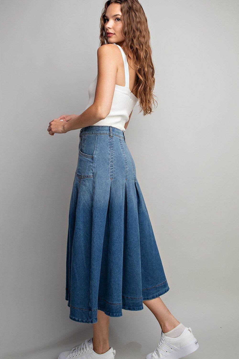 Pleated Denim Midi Skirt