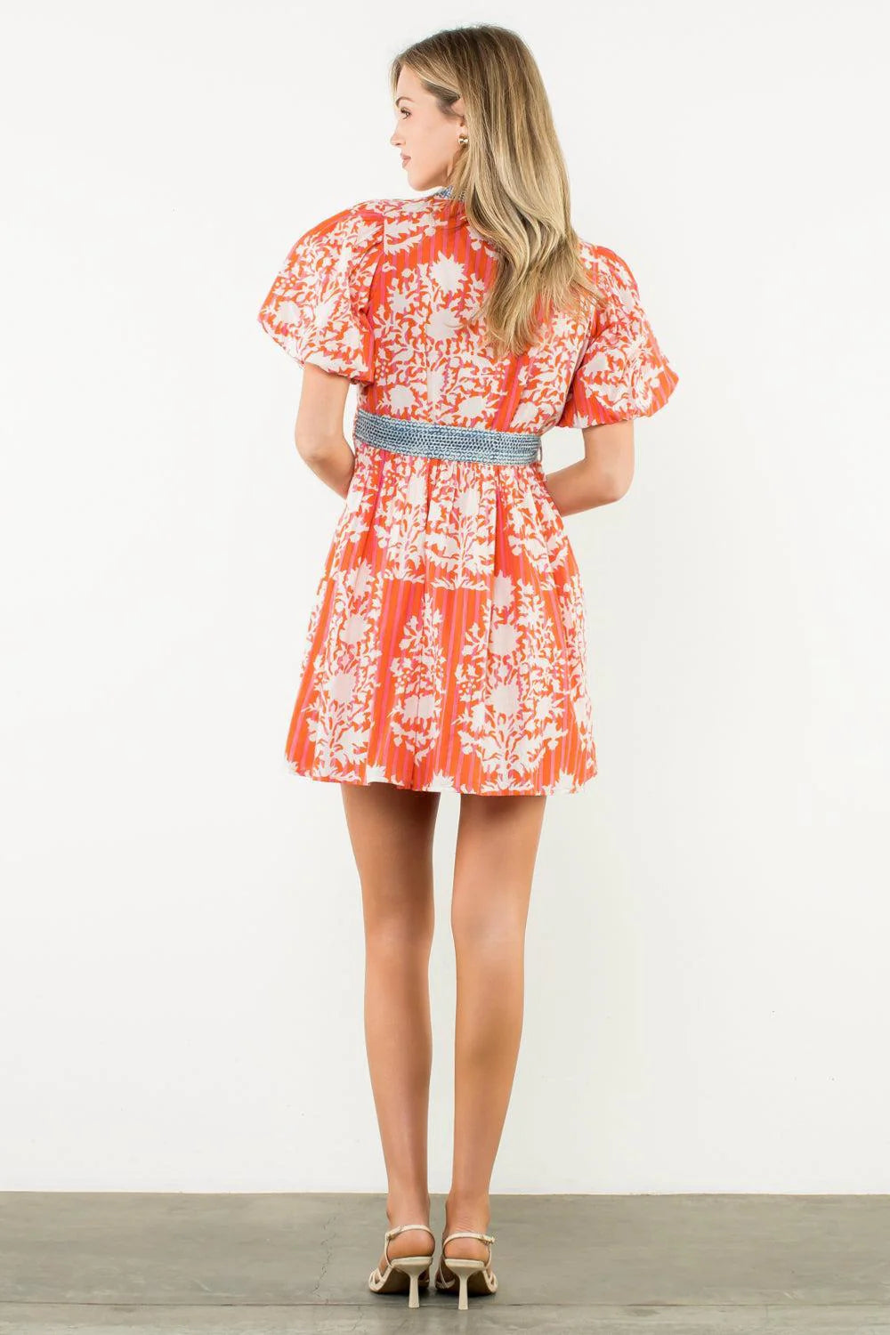 Contrast Tie Puff Sleeve Dress