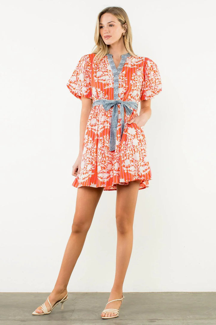 Contrast Tie Puff Sleeve Dress