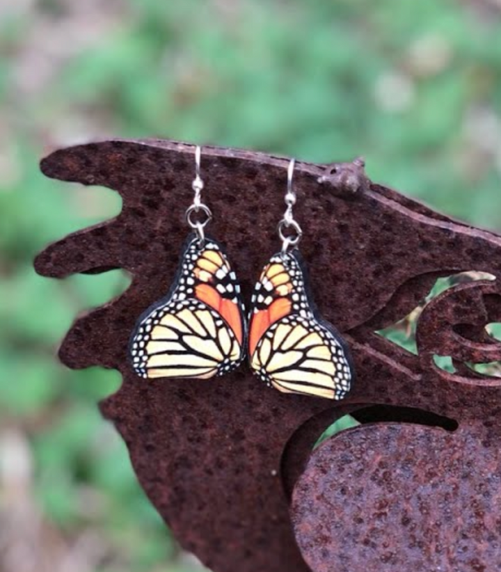 Green Tree Wooden Earring - Monarch Butterfly