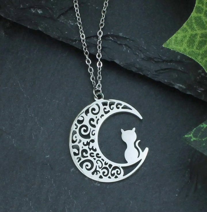 Filigree Cat On Moon Necklace