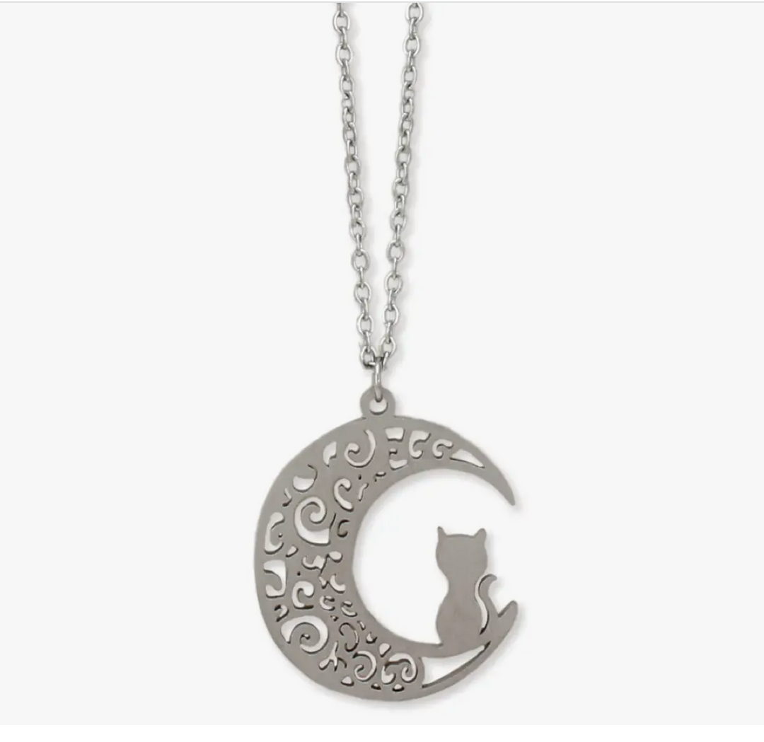 Filigree Cat On Moon Necklace