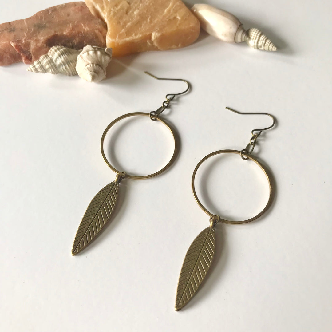 Small Circle + Large Feather Earrings
