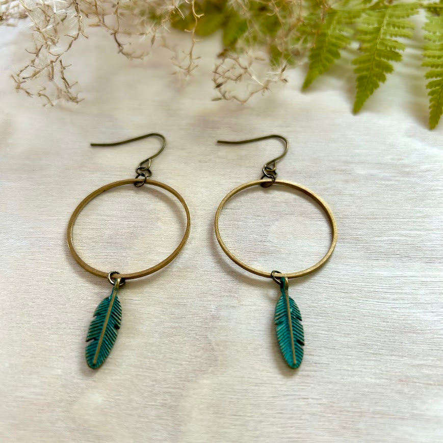 Small Circle + Small Patina Feather Earrings