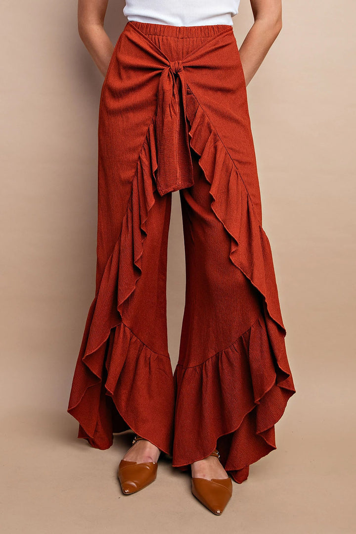 Shirred Tie Front Flowy Pants