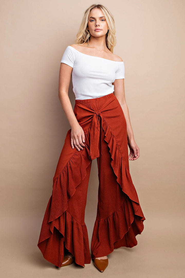 Shirred Tie Front Flowy Pants