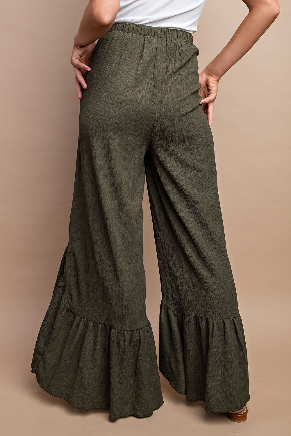 Shirred Tie Front Flowy Pants