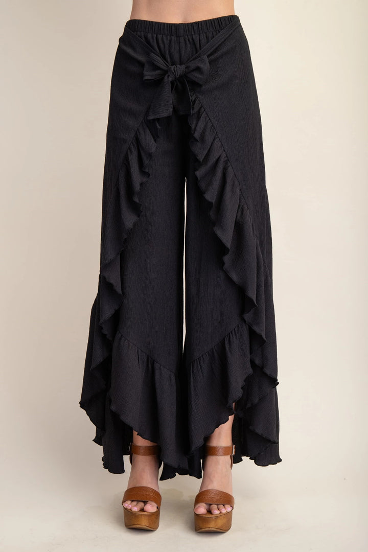 Shirred Tie Front Flowy Pants