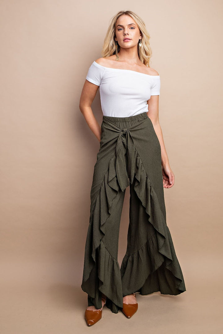 Shirred Tie Front Flowy Pants