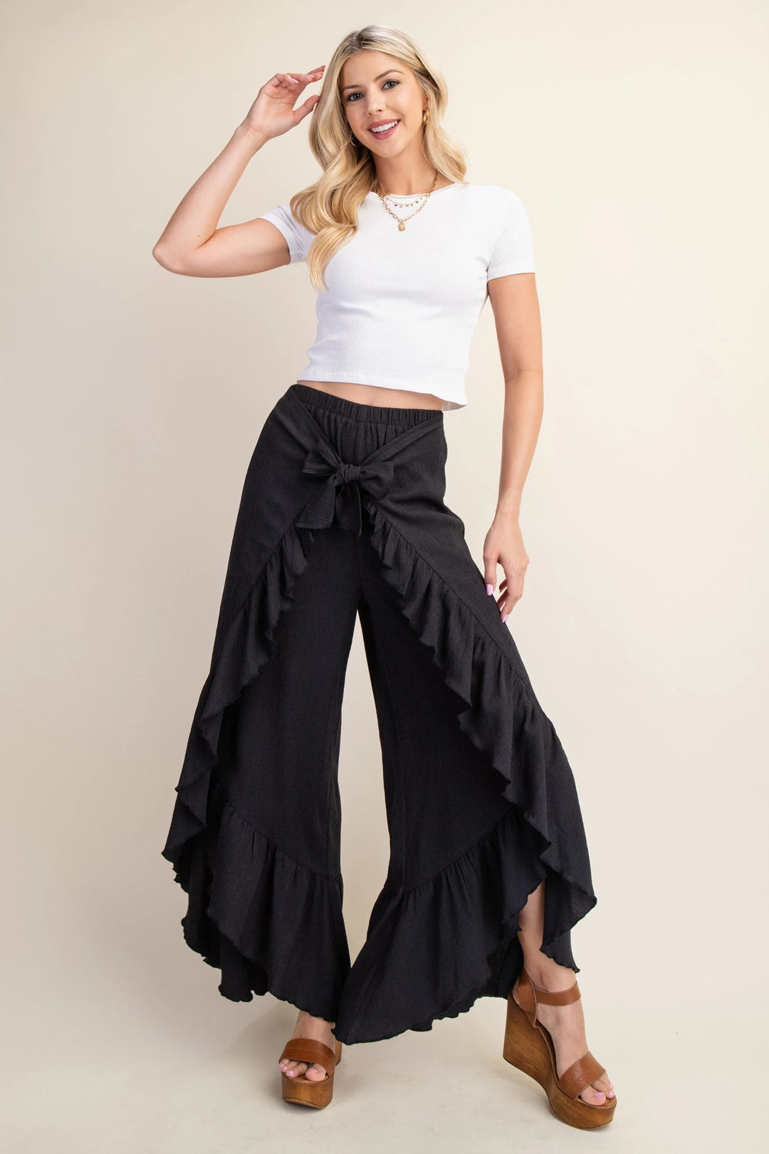 Shirred Tie Front Flowy Pants