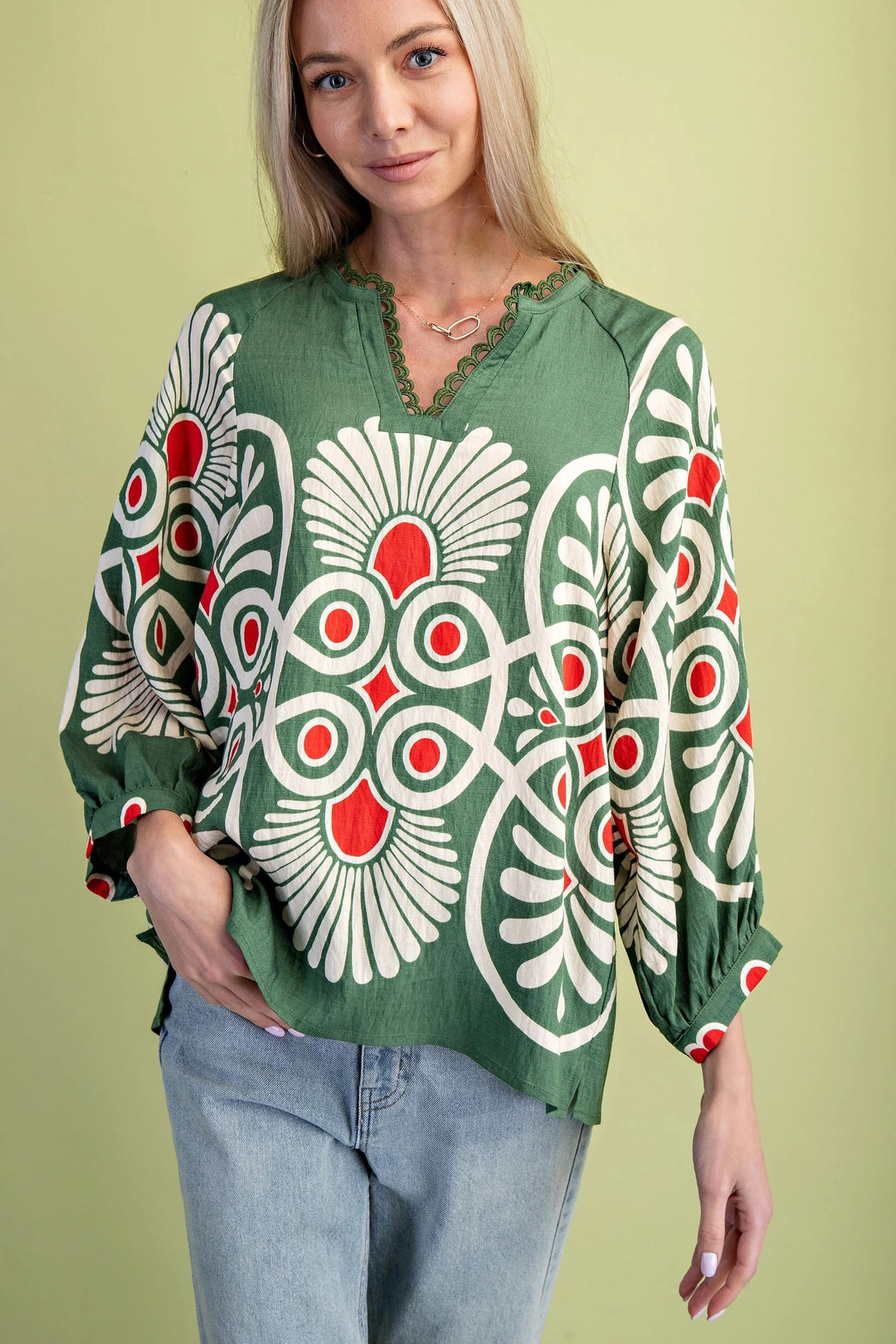 Decorative Notch Neck Printed Top