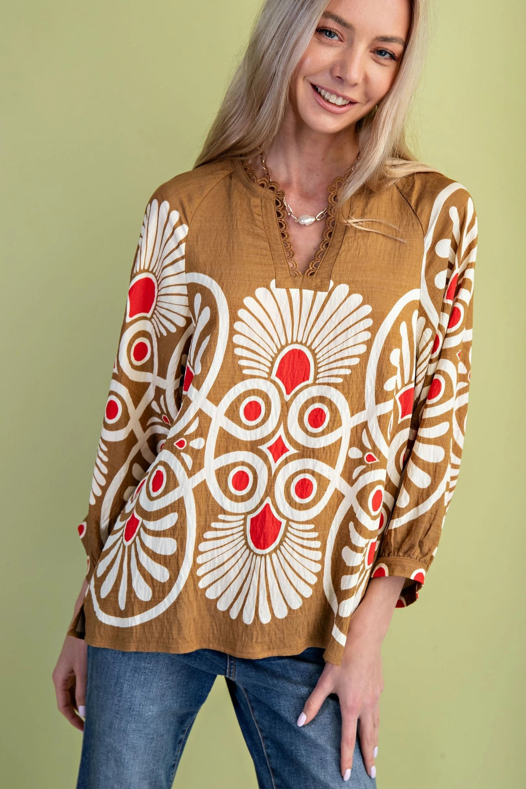 Decorative Notch Neck Printed Top
