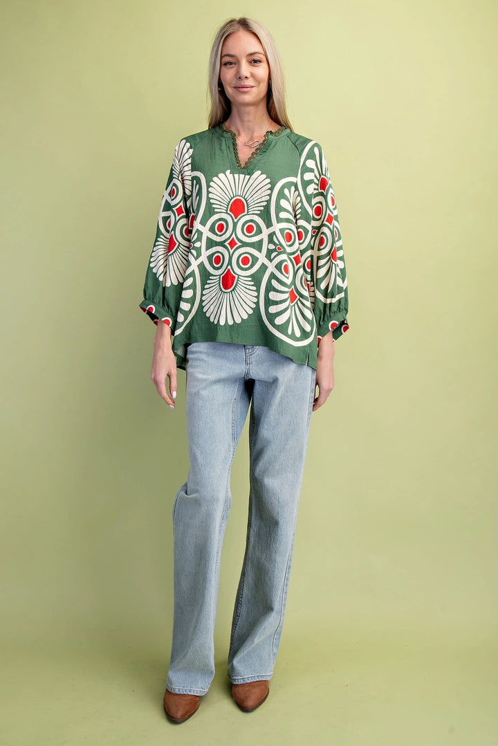 Decorative Notch Neck Printed Top