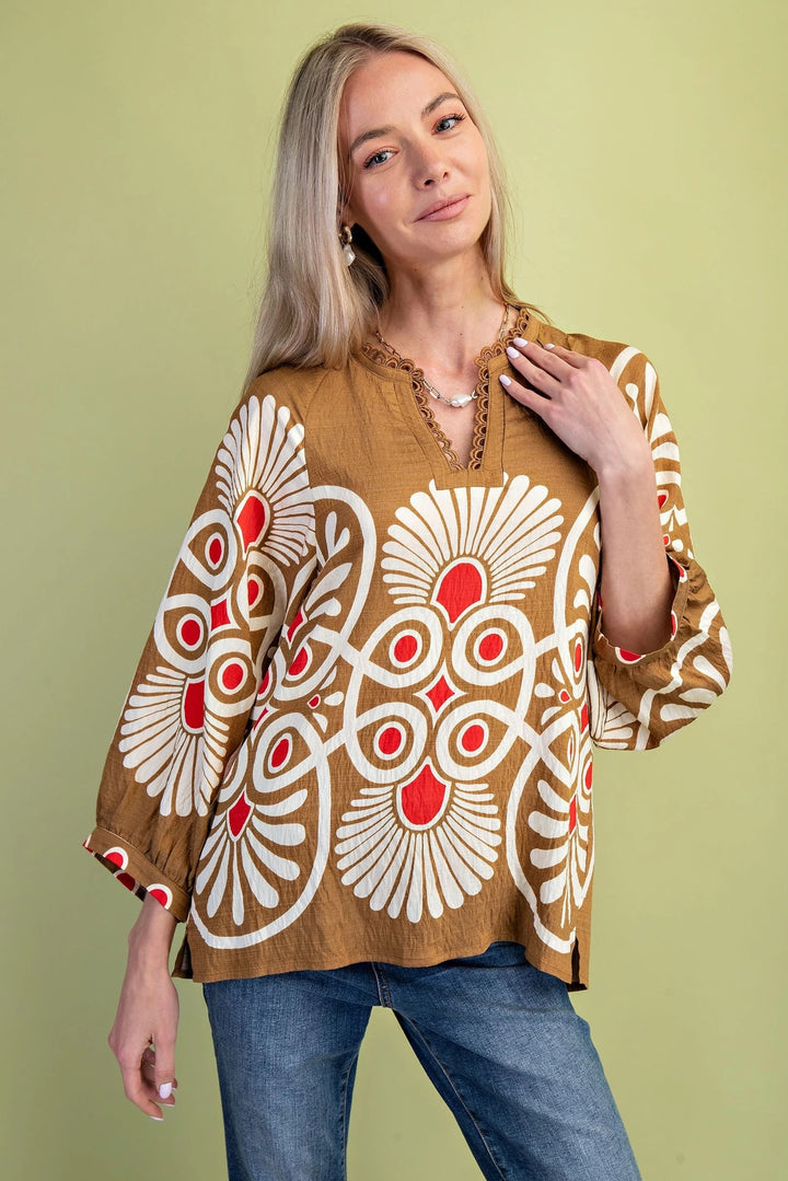 Decorative Notch Neck Printed Top