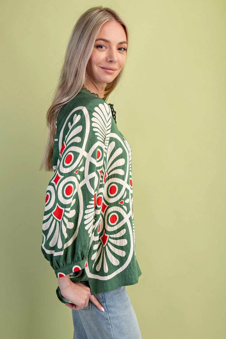 Decorative Notch Neck Printed Top