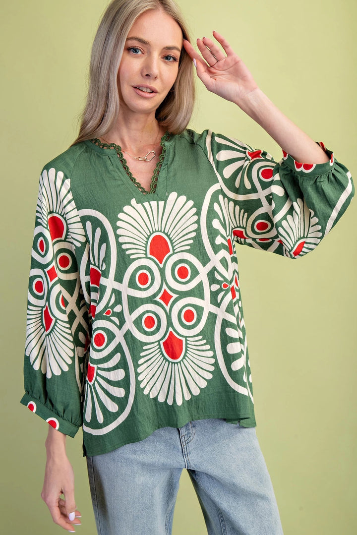 Decorative Notch Neck Printed Top