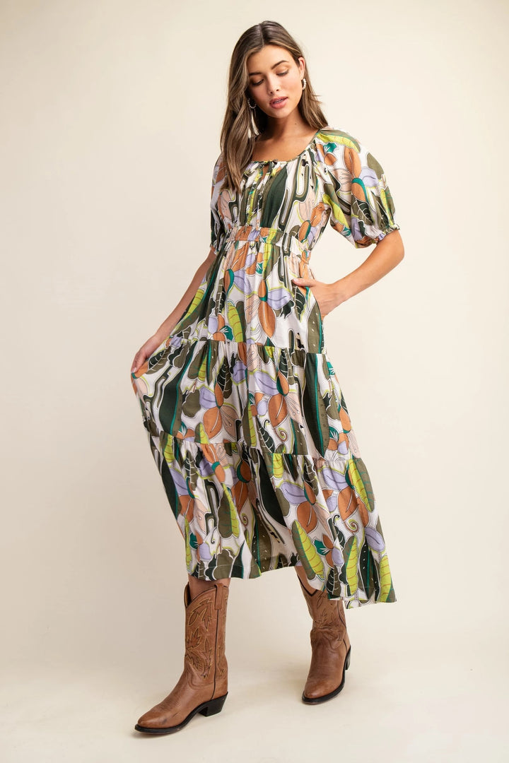 Bold Print Tiered Midi Dress