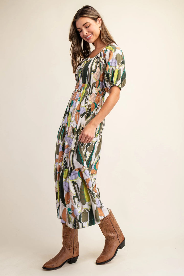 Bold Print Tiered Midi Dress