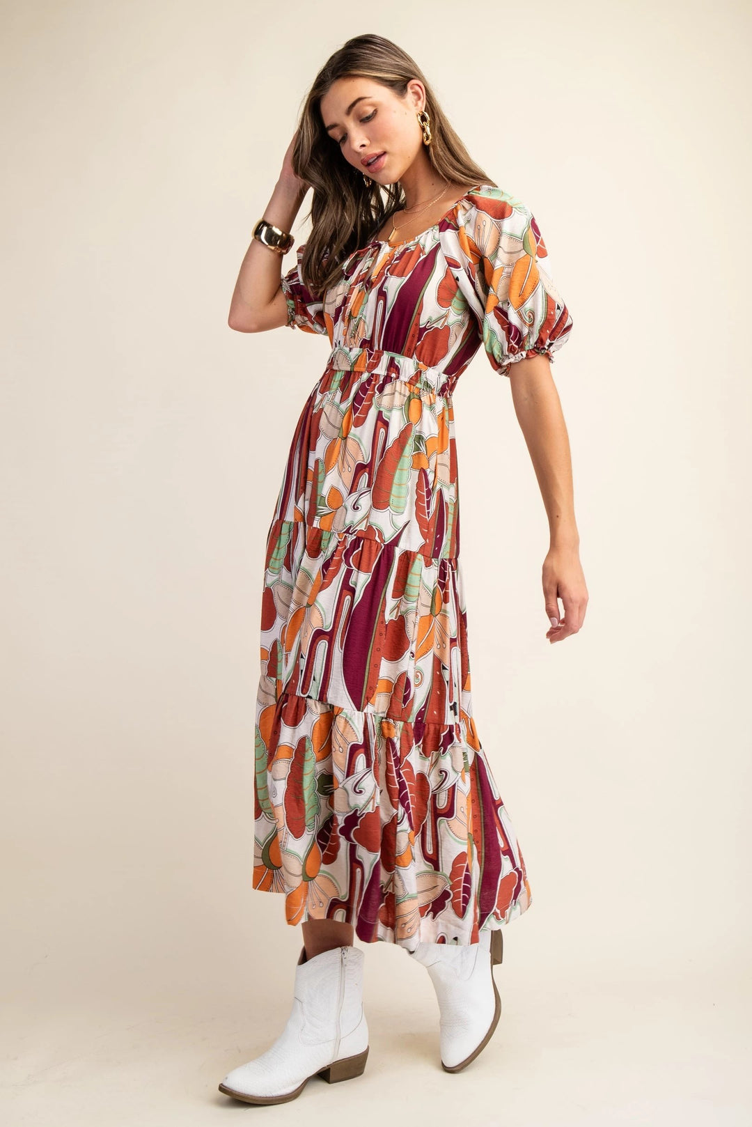 Bold Print Tiered Midi Dress