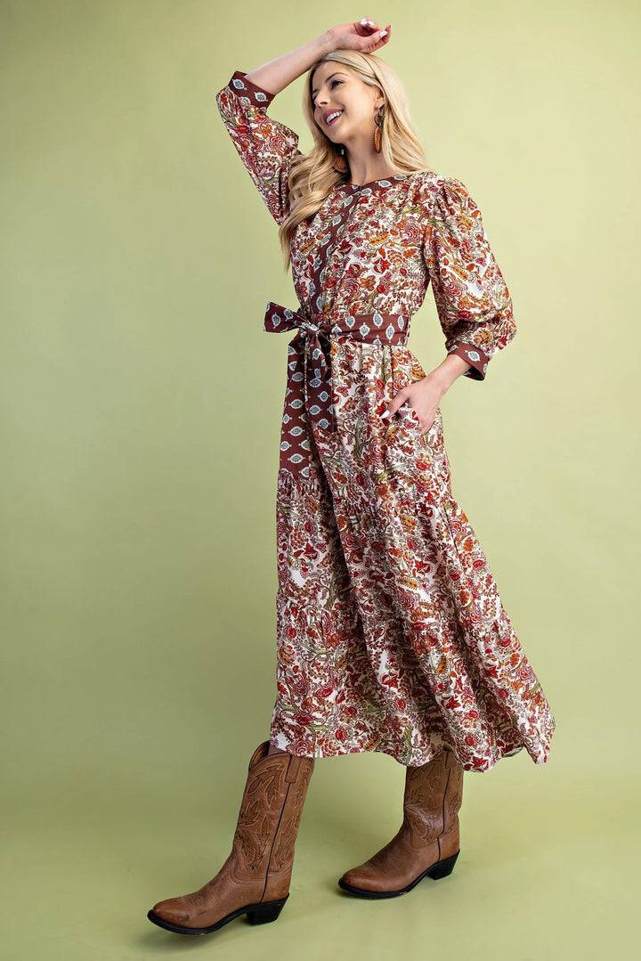Contrast Band Floral Maxi Dress