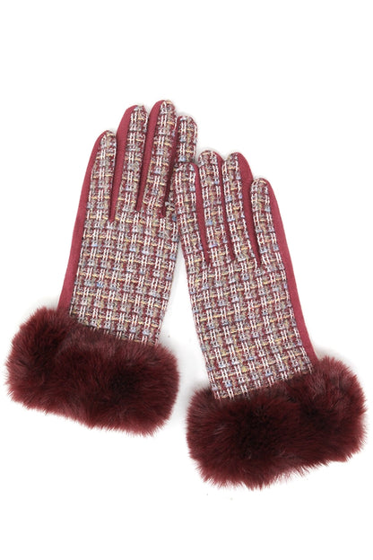 Tweed Gloves W/ Faux Fur Trim